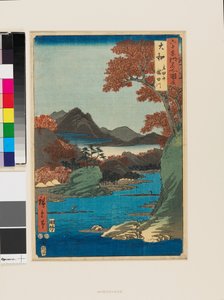 Tatsuta gebergte en de Tatsuta rivier door Ando or Utagawa Hiroshige