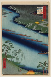 De Kawaguchi veerboot en de Zenkoji tempel door Ando or Utagawa Hiroshige