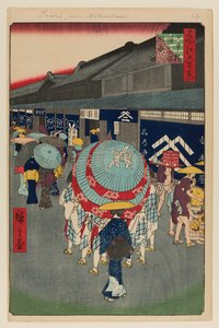 Uitzicht op Nihonbashi Tori-itchome (Nihonbashi Tori-itchome Ryakuzu) door Ando or Utagawa Hiroshige