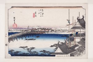 Yoshida: De Toyokawa Rivierbrug door Ando or Utagawa Hiroshige