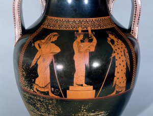 Attische roodfigurige amphora die een citharede toont tijdens een muziekcompetitie door Andokides Painter