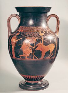 Attische roodfigurige buikamfoor met Herakles die Kerberus vangt, Grieks, uit Athene, 6e eeuw v.Chr. door Andokides Painter
