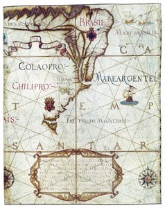 Kaart van Zuid-Amerika, in Universa ac Navigabilis Totius Terrarum Orbis Descriptio 1559 door André Homem