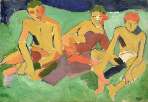 Drie figuren zittend op gras (olieverf op doek) door Andre Derain