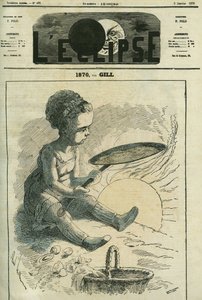 1870, sociale keuken: een klein meisje bakt een pannenkoek op een fornuis verwarmd door de zon. Omslag in 