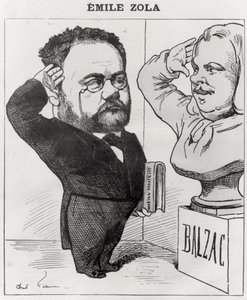 Karikatuur van Emile Zola die een buste van Honore de Balzac groet, 1878