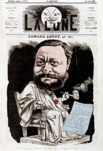 Portret van Edmond About, Franse schrijver (1828-1885). In La lune, 25/08/1867. Karikatuur door Gill.