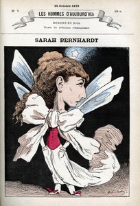 Portret van Henriette Rosine Bernard, bekend als Sarah Bernhardt (1844-1923), Franse toneelactrice. Cartoon door Gill, Parijs door Andre Gill