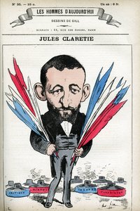 Portret van Jules Claretie (1840-1913), Franse romanschrijver, toneelschrijver en criticus. Cartoon door Gill, in 