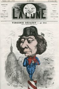 Portret van Virginie Dejazet (1798-1875), Franse actrice in de rol van Bonaparte. Cartoon door Gill, in 