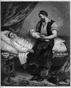 De nieuwe (pasgeborene). Gravure naar het schilderij van Andre Gill (1840-1885) in "The Illustrous World" n°1283 van 29 oktober door Andre Gill