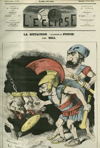 De situatie, cartoon door Adolphe Thiers (1797-1877) en Leon Gambetta (1838-1882) die een ministerie geven aan royalistische en bonapartistische honden. Omslag in 
