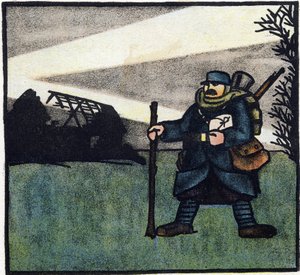 Eerste Wereldoorlog 1914-1918: Harige. Portret van een Franse soldaat in militair uniform met rugzak, tas en geweer. Gravure in 
