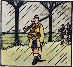 Eerste Wereldoorlog 1914-1918: Schot. De soldaten uit Schotland kwamen de Franse leger helpen. Hun militaire uniform bestaat uit een kilt. Gravure in 
