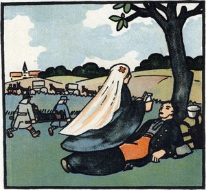 Eerste Wereldoorlog 1914-1918: Rode Kruis verpleegster komt zorgen voor soldaten tot aan de slagvelden. Gravure in 