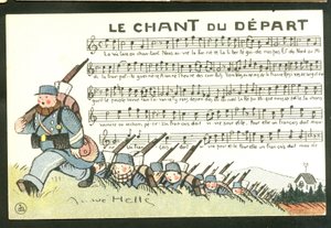 Satirische ansichtkaart in kleuren: Het lied van het vertrek - Oorlog van 14-18, Chant - Soldaten Illustratie door Andre Helle door Andre Helle