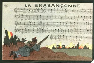 Ansichtkaart, satirisch in kleuren, circa 1915: La brabanconne - Oorlog van 14 -18, België, Zang - Soldaten Illustratie door Andre Helle (1875-1945)