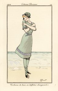 Vrouw op het strand in zwempak van tweekleurige taffeta door Andre Pecoud