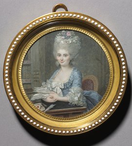 Portret van een vrouw in een blauwe jurk door Andre Pujos