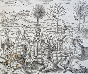Arabische kooplieden in Syrië, gravure uit Universal Cosmology door Andre Thevet