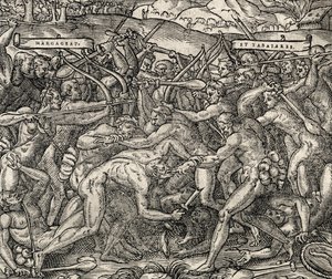 Slag tussen Margageaz en Tabajares stammen (gravure)