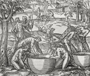 Cap de Frie, vrouwen bereiden voedsel, gravure, Zuid-Amerika door Andre Thevet
