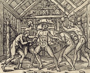 Zorg voor patiënt op Caribische eilanden, gravure door Andre Thevet