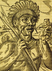 Hoofd van stam van kannibalen, gravure uit Universele Kosmologie, door Andre Thevet, Parijs