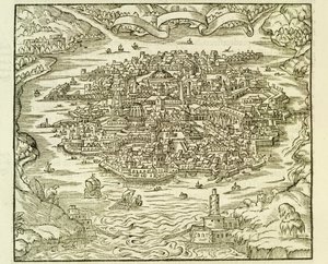 Stad Quinsai (nu Tianjin), gravure uit La Cosmographie Universelle (Universele Kosmografie) door Andre Thevet