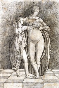 Een jong meisje kleedt een vrouw uit. Gravure door Andrea Zoan. 15e eeuw
