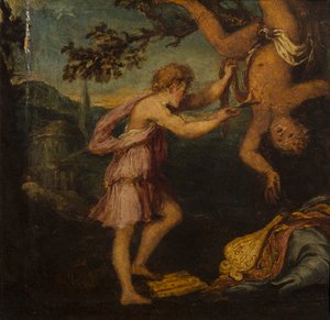 Het villen van Marsyas door Andrea Schiavone