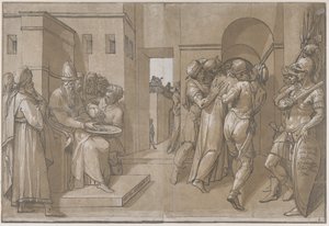 Christus wordt weggeleid, soldaten staan aan de rechterkant van het blad, 1585 door Andrea Andreani