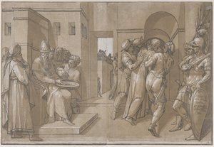 Pilatus wast zijn handen aan de linkerkant van het blad, 1585 door Andrea Andreani