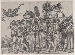Sectie A: een engel die een kruis vasthoudt linksboven, Adam en Eva hieronder, uit De Triomf van..., 1836