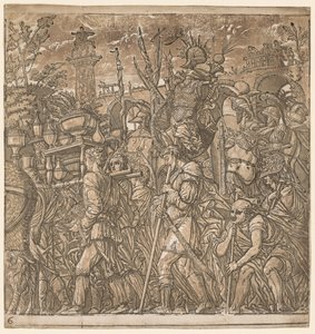 De Triomf van Julius Caesar: Soldaten die Vazen en Oorlogstrofeeën Dragen door Andrea Andreani