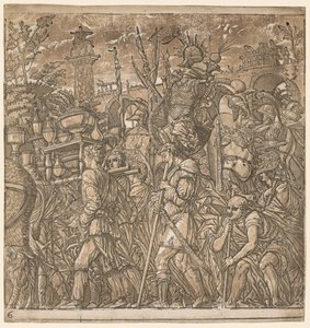 De triomf van Julius Caesar: Soldaten dragen vazen en oorlogstrofeeën door Andrea Andreani