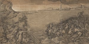 De oversteek van de Rode Zee, Mozes staat links en wijst naar het leger dat wordt ondergedompeld