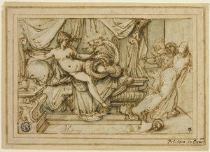 Olympias, moeder van Alexander, bezocht door Zeus in de gedaante van een slang