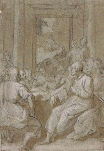 Het Laatste Avondmaal, met een uitzicht op Christus in de Hof van Olijven door de deur aan de achterkant