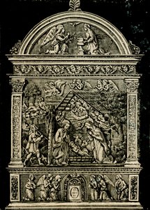 Geboorte, terracotta altaarstuk door Andrea della Robbia, uit de kerk van Sint Clara, Civiek Museum van Sansepolcro, Toscane, Italië, houtsnede uit Le cento citta d
