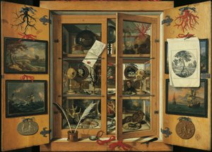 Kabinet van curiositeiten (met glazen deuren) met verschillende objecten, door Andrea Dominico Remps (1621-1699)