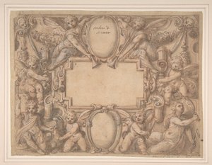 Een cartouche en twee schilden omringd door allegorische figuren, 1570-1631 door Andrea Lilli