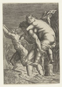 Man draagt vrouw op zijn rug en een satyr