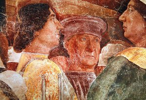 De aankomst van kardinaal Francesco Gonzaga, detail van Mantegna en hovelingen aan de rechterkant, ca. 1465-74 (detail)