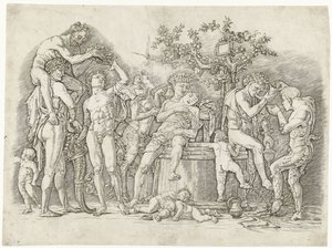 Bacchanaal met satyrs en bacchanten bij wijnpers door Andrea Mantegna