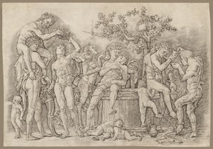 Bacchanaal met een wijnvat door Andrea Mantegna