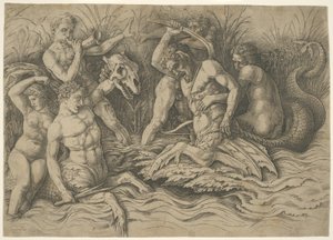 Slag van de zeegoden: Rechterhelft van een fries door Andrea Mantegna