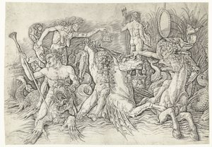 Gevecht tussen satyrs rijdend op hippocampussen en oude vrouw als personificatie van afgunst staand op rug van draak door Andrea Mantegna