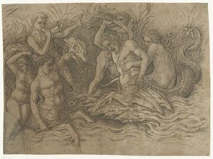 Gevecht tussen tritons met nereïden op hun rug door Andrea Mantegna