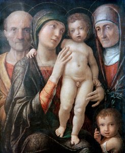 Heilige Familie met St. Elizabeth en St. Johannes de Doper als kind, ca. 1495-1500 door Andrea Mantegna